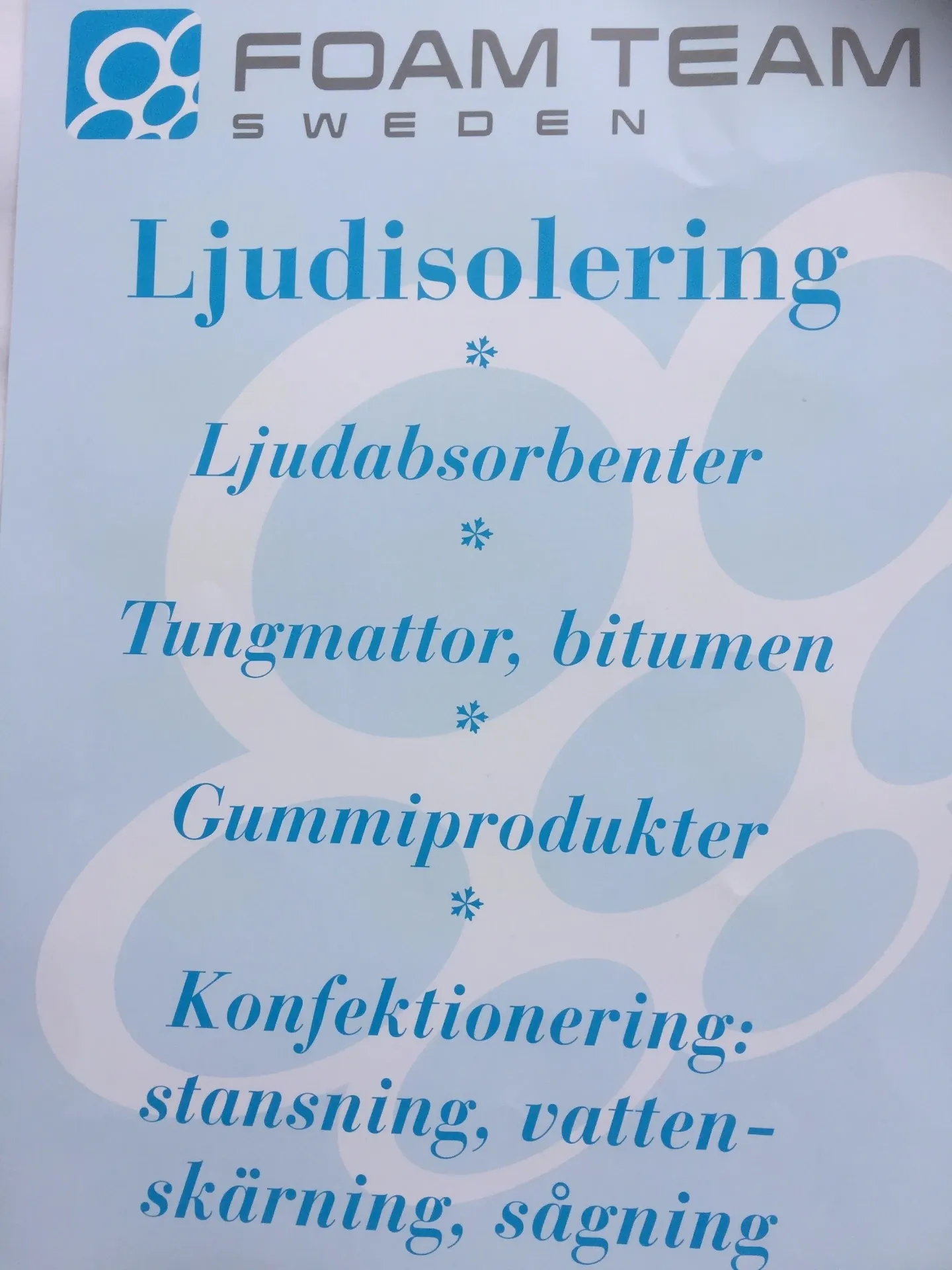 Skylt från Foam Team Sweden med företagets produktområden